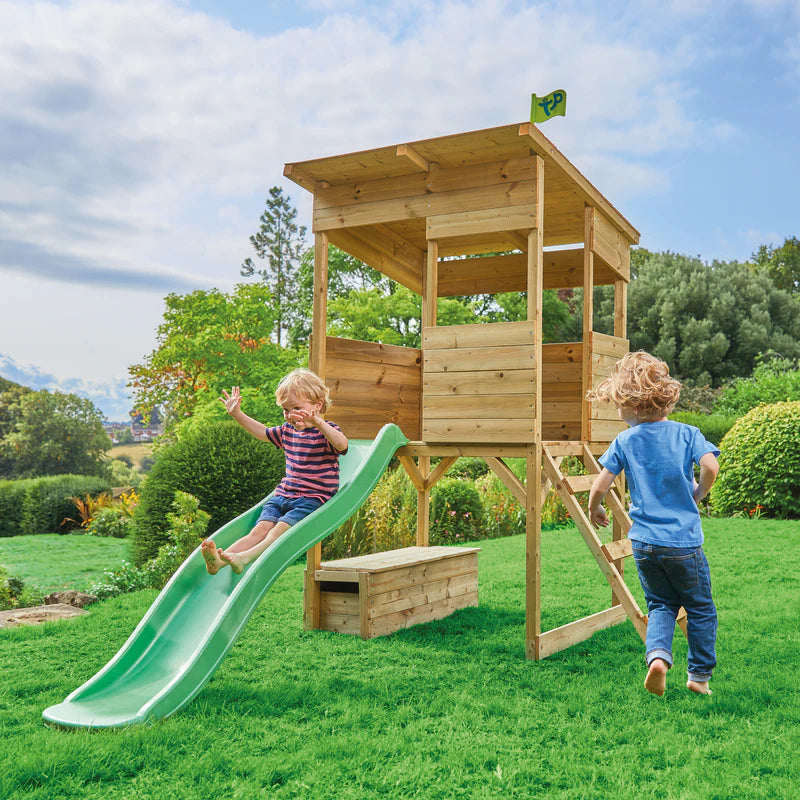 TP Treetops Wooden Tower Playhouse with Toy Box, Add-On Slide