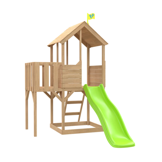Treehouse Wooden Playhouse with Wavy Slide with Slide Lock & Wooden Balcony - FSC® certified