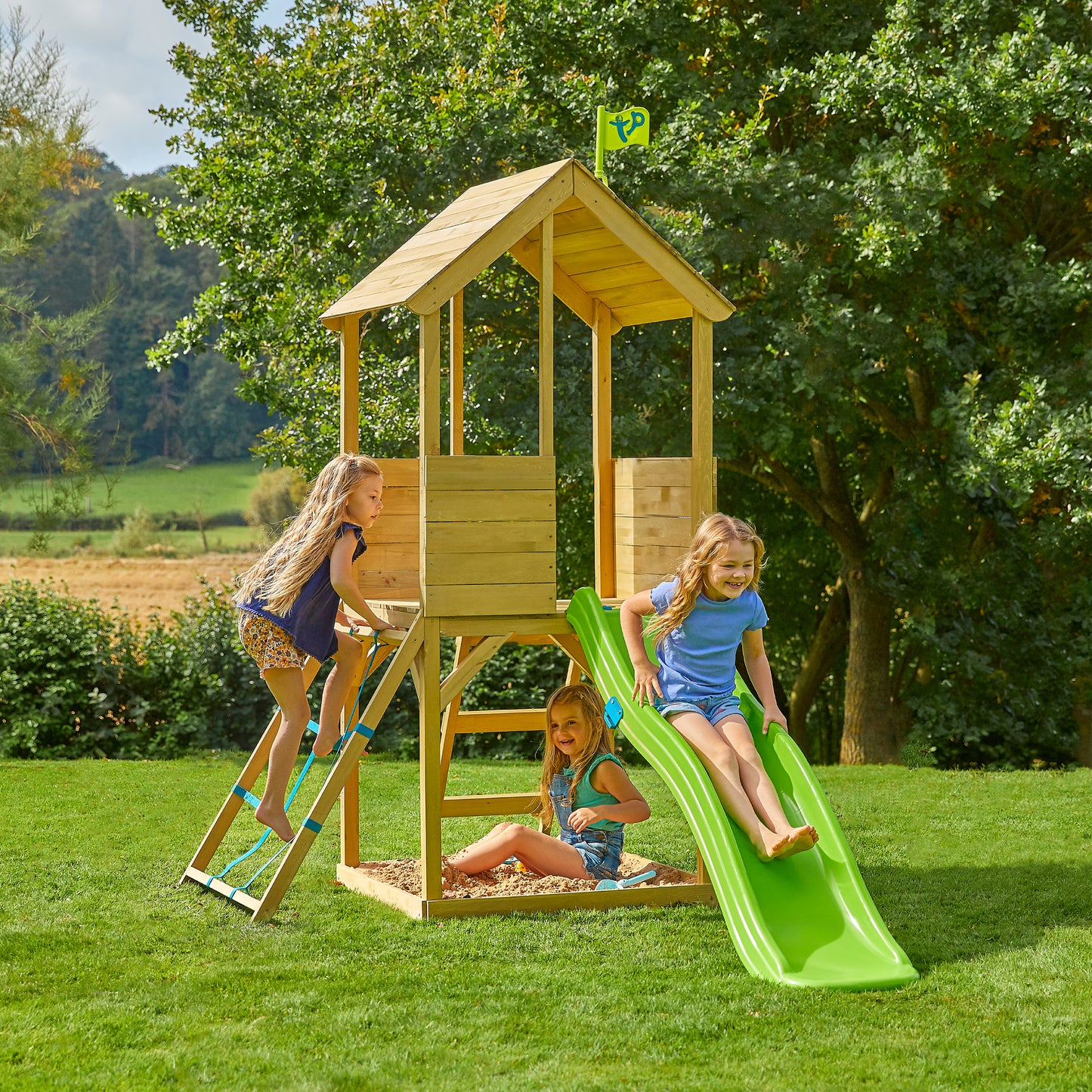 TP Treehouse Wooden Play Tower with Cargo Net and Slide